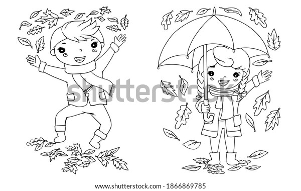 Boy Girl Autumn Leaves Stroke Outline Stock Vector (Royalty Free ...