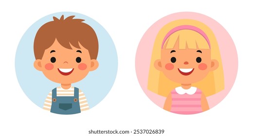 Menino e menina avatar desenhos animados, escola, berçário, masculino e feminino cabeça esboços Usuário conjunto representando um usuário anônimo. Simples esboço pessoa para perfis, usado em mídias sociais ou conta 