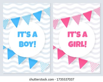 Its a boy or girl. Baby shower greeting cards. Vector set of posters with pink and blue party flags, round banner and wavy lines on background. Birthday celebration, surprise party for new born