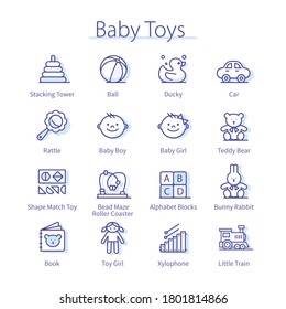 Boy & girl baby toys, doll, car, rabbit, ball, newborn rattle, teddy bear, rubber duck, pyramid. Kindergarten infant kids games thin line icons set. Child gaming isolated linear vector illustrations	