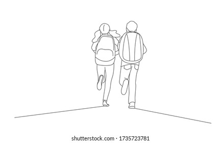Boy and girl with backpack run to school. Rear View. Line drawing vector illustration.