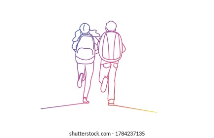 Boy And Girl With Backpack Run To School. Rear View. Rainbow Colours In Linear Vector Illustration.