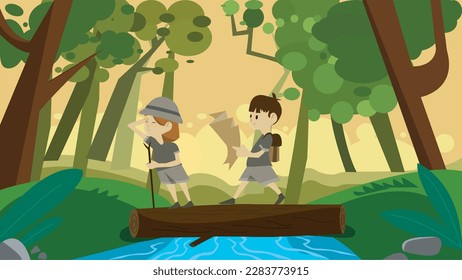 Boy and girl with backpack traveling. vector illustration. two boy scouts having fun in the forest.