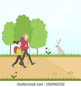 Boy And Girl With Backpack Walks Along Path In Forest Or Park In Summer. Rabbit, Flower. Vector Cartoon Image.