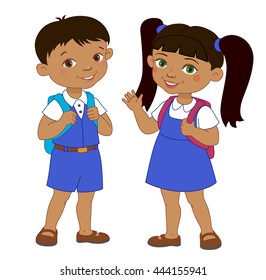 Boy and girl with backpacks african pupil stay cartoon school isolated vector