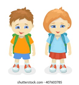 Boy and girl with backpacks. School kids, education people person