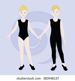 Boy and girl ballet dancer. Cute teenagers in black tights. The kids are blond.