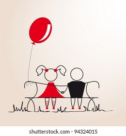 Boy and girl with balloon on a bench, Valentine's Day composition, vector.