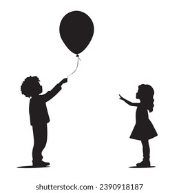 Niño y niña con globo, ilustración de silueta