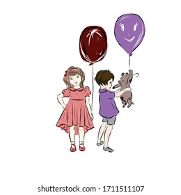 Boy and girl with balloons in dark red and purple colors. Children's holiday. Drawing for greeting postcard with Happy Birthday. Kid's gifts. 