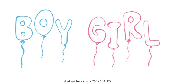 Boy and Girl balloons letters sketch vector illustration for birthday parties baby showers gender reveal events children celebrations invitations decorations party printables