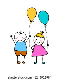 Boy and girl with balloons. Little people in the children's style. Vector couple
