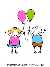 Boy and girl with balloons. Little people in the children's style. Vector couple
