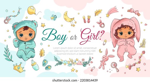 Boy or Girl banner for baby shower party. Gender reveal template with cartoon cute newborns, toys, stars, moon, rattle, teething toy. Vector cartoon illustration for invitation 