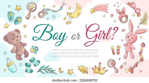 Boy or Girl banner for baby shower party. Gender reveal template with cartoon cute newborns, toys, stars, moon, rattle, teething toy. Vector cartoon illustration for invitation 