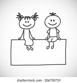 boy and girl with banner for sample text (cartoon doodle)