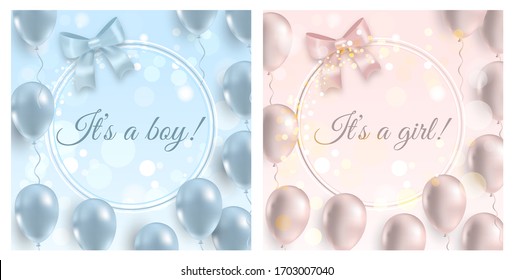 It is a boy and it is  a girl beautiful postcard set, baby shower event with pink  and blue glossy balloons and ribbon. Elegant modern design. Premium vector illustration.