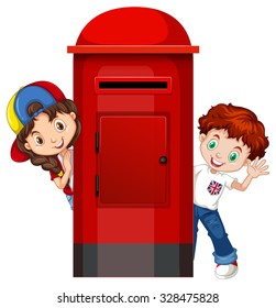 Boy and girl behind the post box illustration