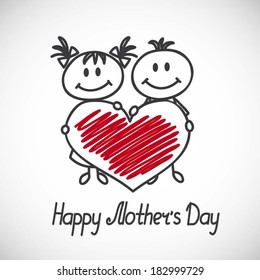 boy and girl with big heart (cartoon doodle). Happy mothers day card