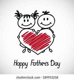 boy and girl with big heart (cartoon doodle). Happy fathers day card