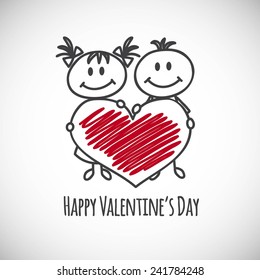 boy and girl with big heart (cartoon doodle). Happy Valentine's day card