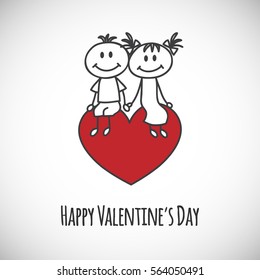 boy and girl with big heart (cartoon doodle). Happy Valentine's day card.