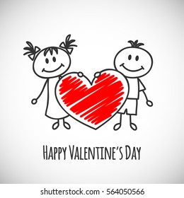 boy and girl with big heart (cartoon doodle). Happy Valentine's day card.