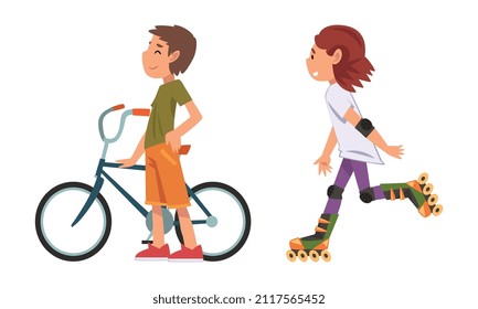 Boy and Girl with Bike and Riding Roller Skates Vector Set