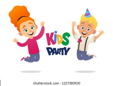 Boy and girl with birthday hats happily jumping with their hands up.  Kids party vector