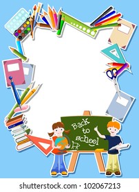 boy and girl  with blackboard,  and text Back to school - vector illustration