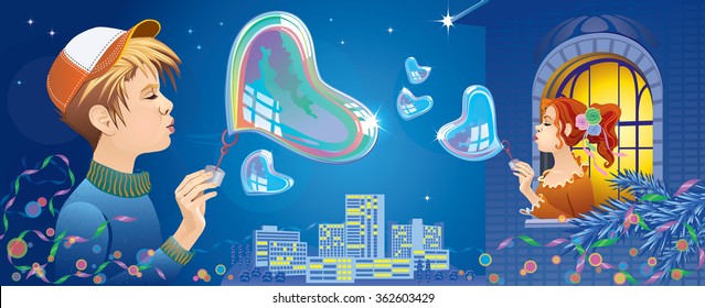 Boy and girl blowing bubbles in the form of hearts