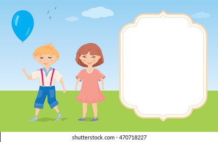 Boy, girl and blue balloon. Greeting card. Vector illustration.