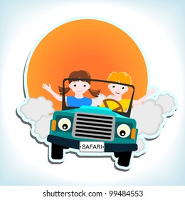 boy and girl in blue car with and sun - kid vector illustration
