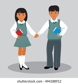 Boy and girl in blue school uniform. Vector illustration or vector object.