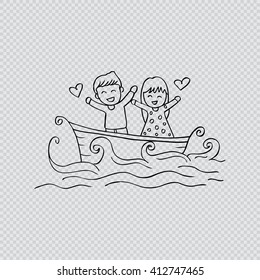 Boy and girl in a boat. Hand drawing illustration.
