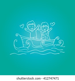 Boy and girl in a boat. Hand drawing illustration.
