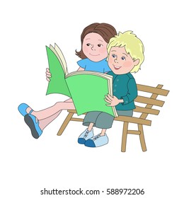 Boy and girl with book on the bench