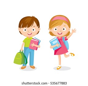 Boy and girl with books and backpacks