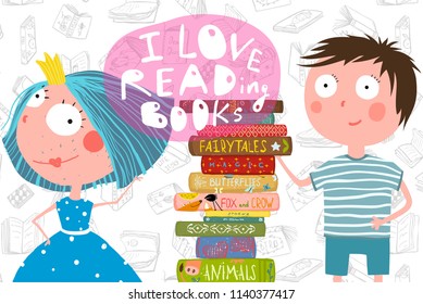 Boy Girl and Books Love Reading Design. Young couple of kids Love reading, library design. Vector cartoon.