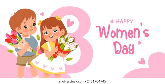 Boy and girl with bouquets of tulip flowers. Postcard for Women's Day. Vector illustration