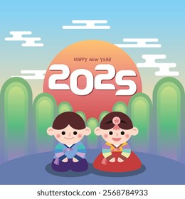 a boy and a girl bowing to each other, Sebae, happy new year, seollal, Lunar Year's Day, 2025