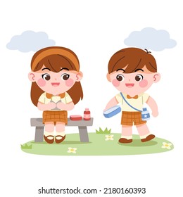 A boy and a girl break school lunch, lunch box, water bottle, sandwich. Kindergarten learning vector illustration
