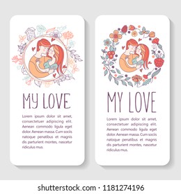 Boy and girl. Bride and groom. Love. Vector illustration in a linear fashion. Valentine's day card.  Couple in love framed by a floral wreath.