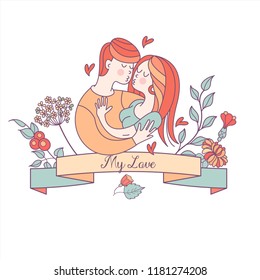 Boy and girl. Bride and groom. Love. Vector illustration in a linear fashion. Valentine's day card.