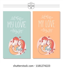 Boy and girl. Bride and groom. Love. Vector illustration in a linear fashion. Valentine's day card.