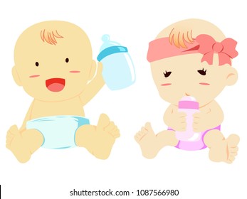 boy and girl bring nursing bottle for drink milk
