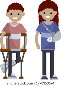 Boy and Girl with broken arm and leg. Cartoon flat illustration. Illness and injury.