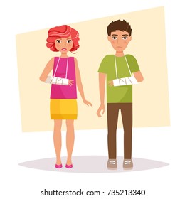 Boy and a girl with a broken arms. Vector. Cartoon. Isolated art on white background. Flat.