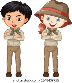 Boy and girl in brown uniform illustration