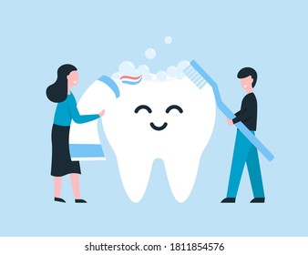 Boy and girl brushing happy cartoon big tooth. Flat vector cartoon illustration. Dentistry modern concept.